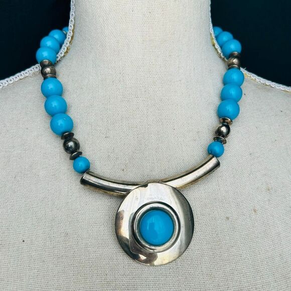 3/$15 Large Statement Silver and Turquoise 80’s Necklace - Picture 1 of 5